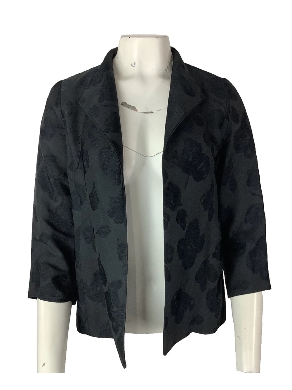 Eileen Fisher Sz XXS Silk Open Floral Jacquard Satin Modern Blazer Black